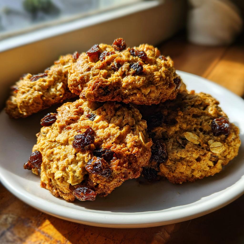 Close-up of chewy oatmeal raisin cookies stacked on a white plate by a sunny window.