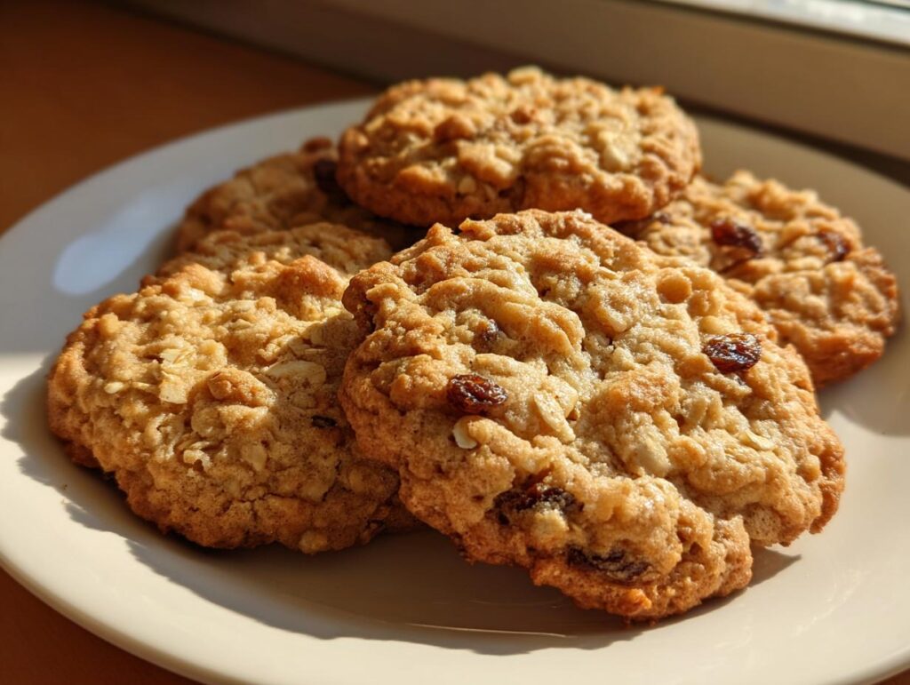 Close-up of several chewy oatmeal raisin cookies on a white plate with sunlight.