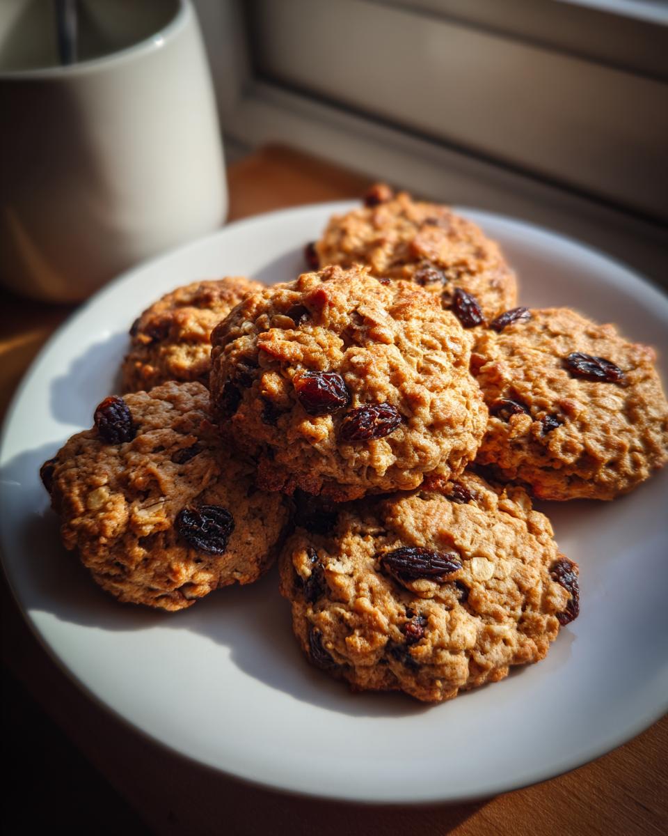 Plate of chewy oatmeal raisin cookies with raisins visible on each cookie.