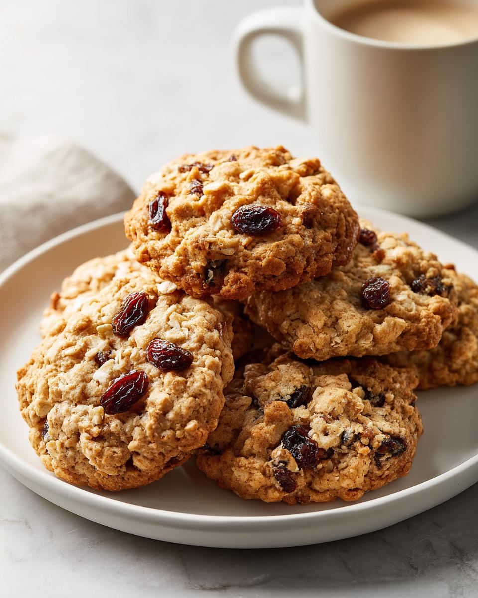 Close-up of chewy oatmeal raisin cookies stacked on a white plate with a cup in the background