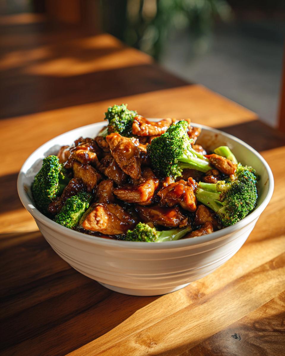 White bowl filled with chicken broccoli stir fry, glazed chicken pieces with bright green broccoli florets