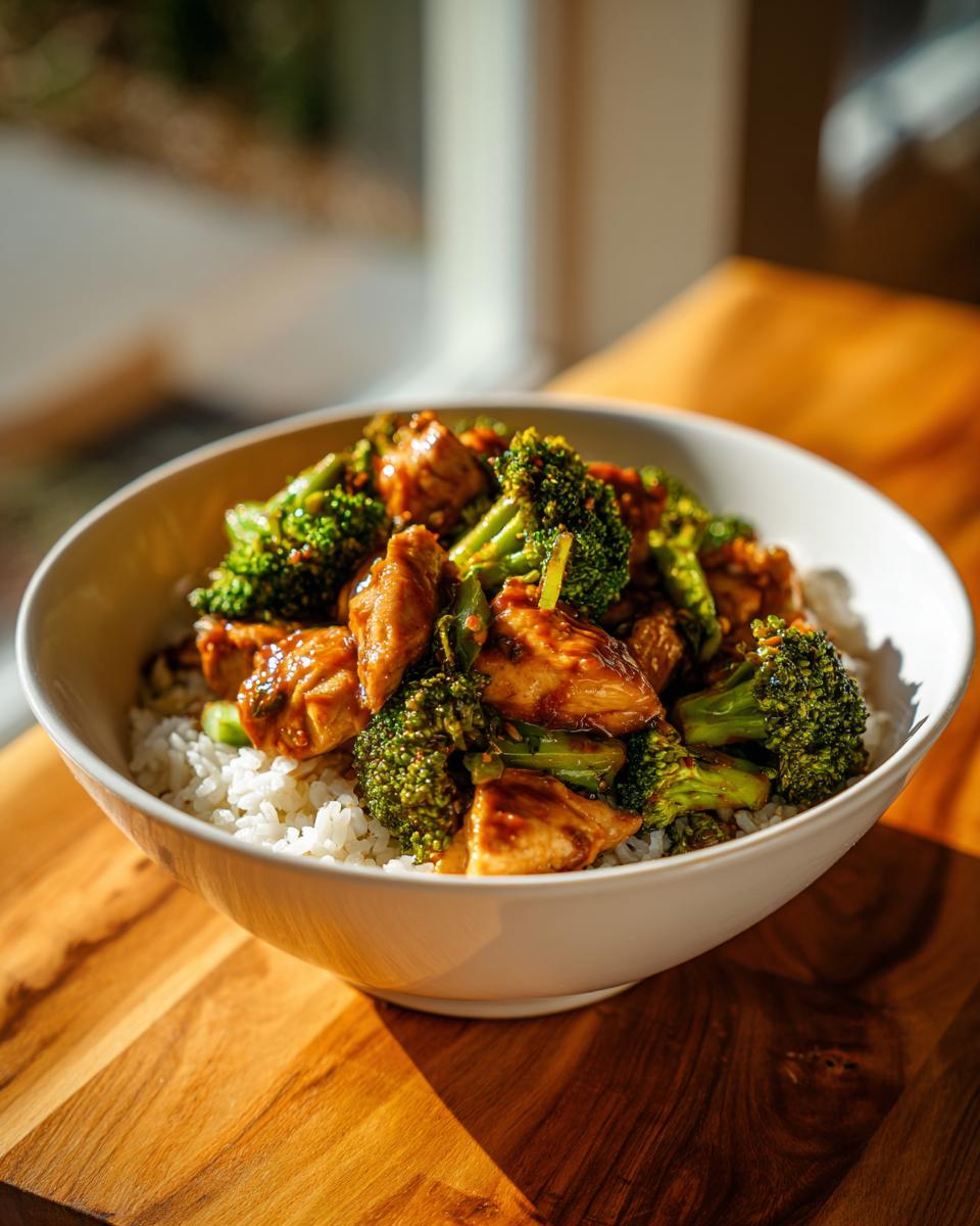 Bowl of chicken broccoli stir fry served on white rice in a white bowl.