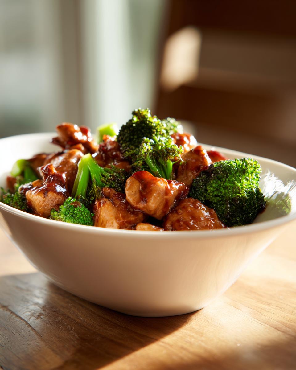Close-up of chicken broccoli stir fry with glazed chicken pieces and vibrant green broccoli in a white bowl.