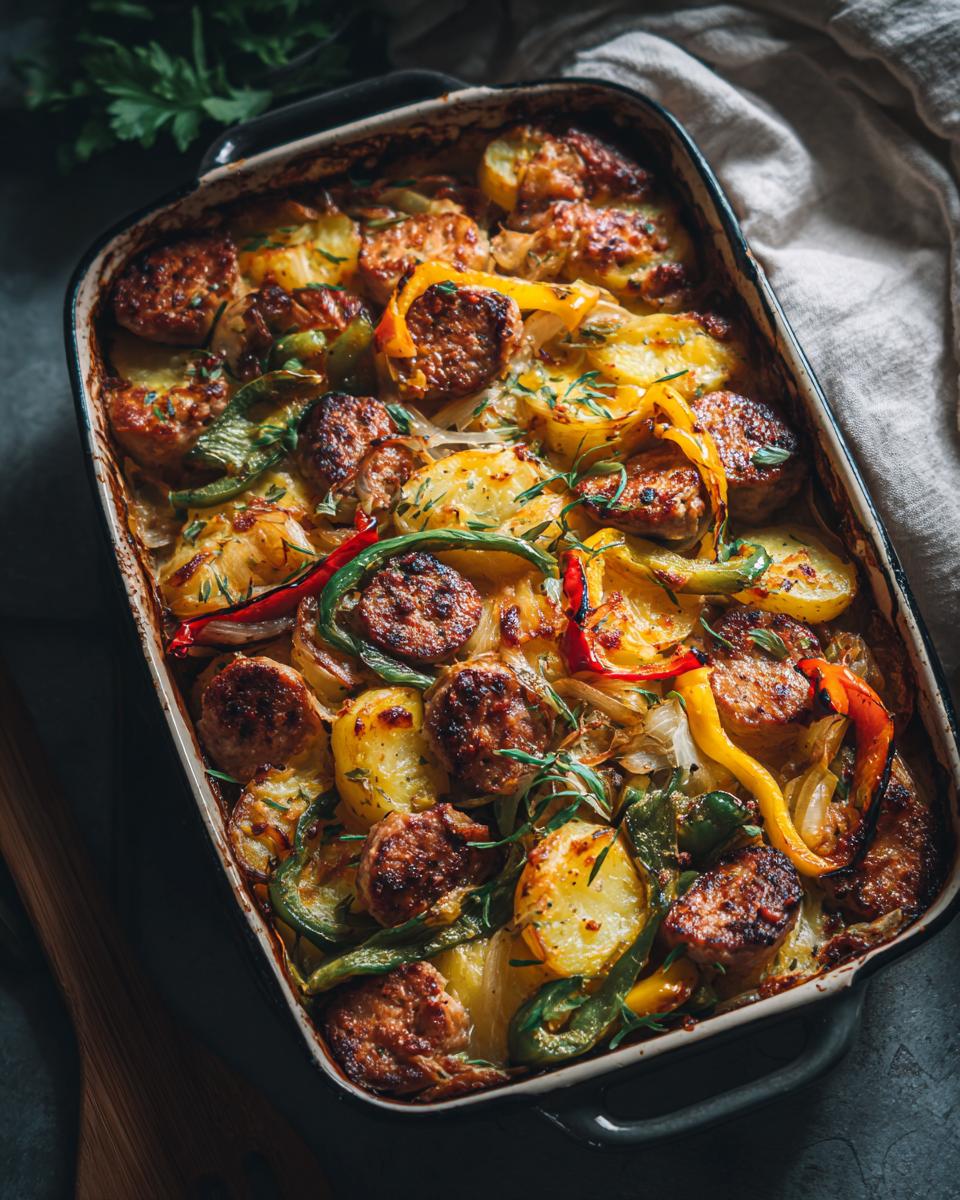 Baked chicken sausage potato bake with sliced potatoes, bell peppers, and herbs in a baking dish
