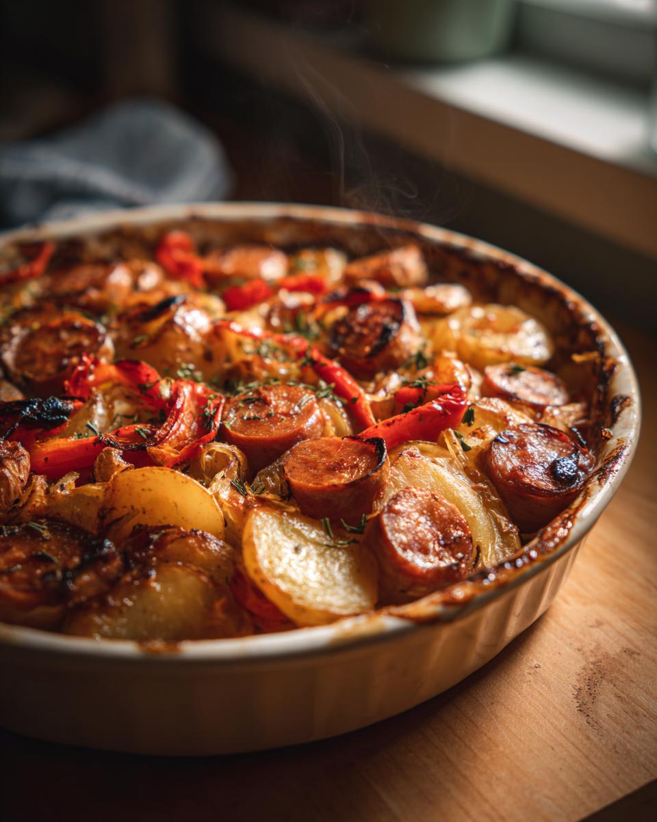 Steaming chicken sausage potato bake with browned sausage and roasted potatoes in a round dish.