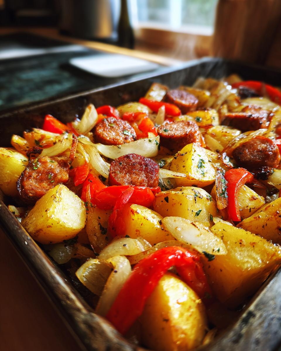 Close-up of chicken sausage potato bake with roasted potatoes, red peppers, and onions in a baking dish
