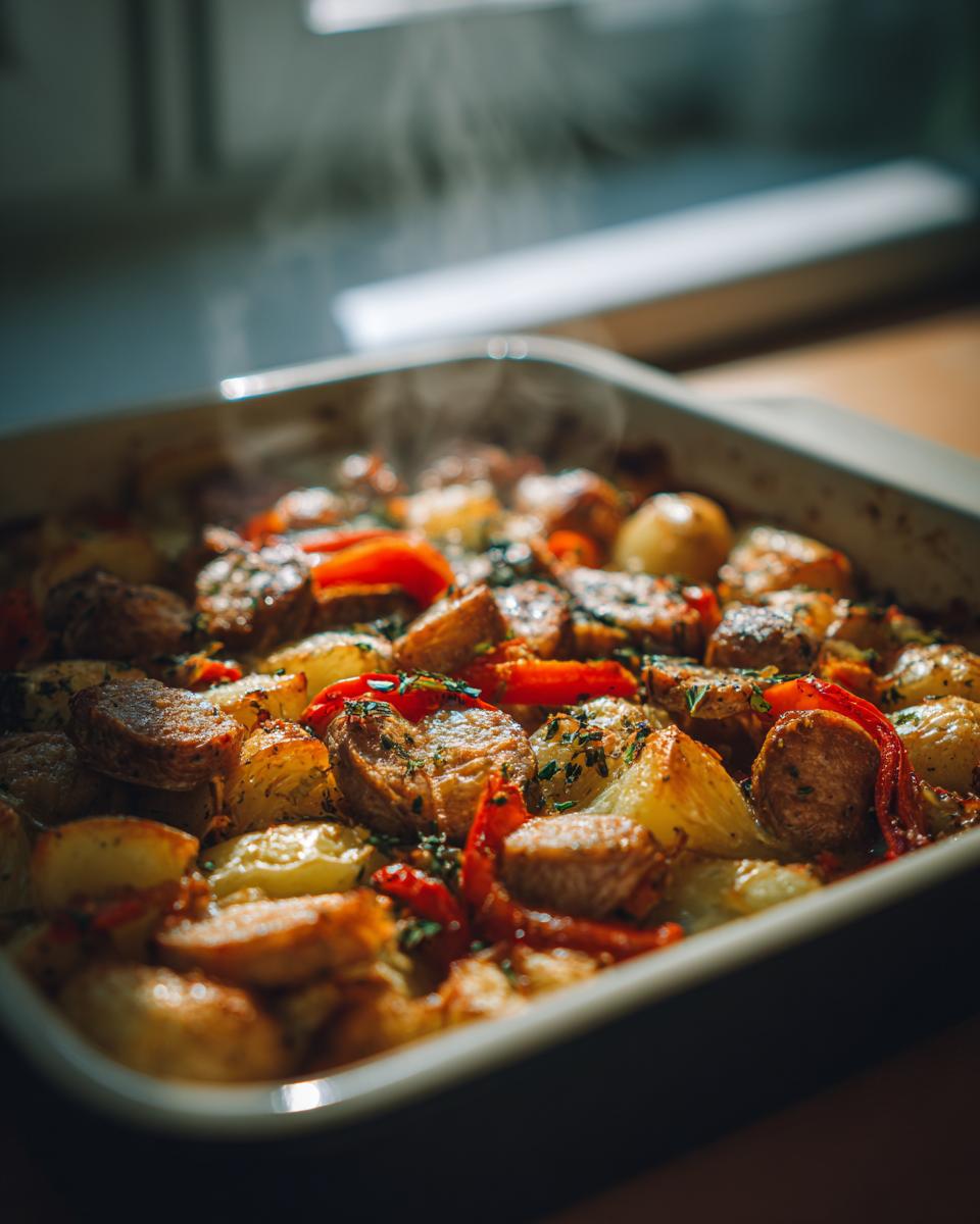 Freshly baked chicken sausage potato bake with herbs and red peppers in a roasting dish