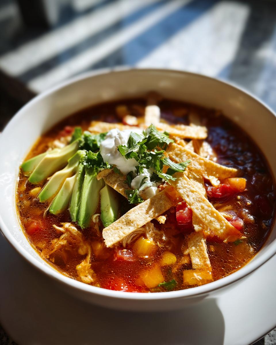 Bowl of chicken tortilla soup topped with avocado slices, tortilla strips, cilantro, and sour cream.