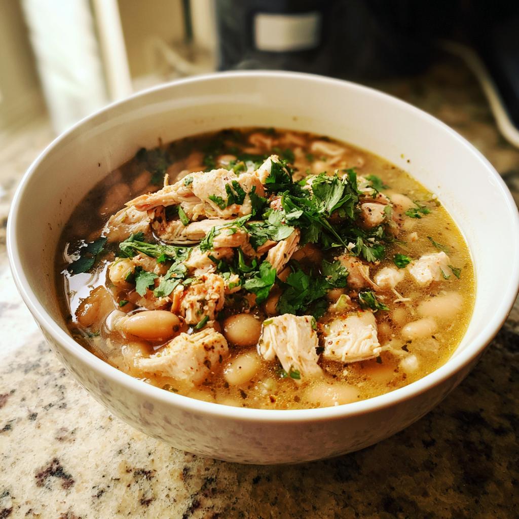 Bowl of chicken white bean chili topped with shredded chicken and fresh herbs