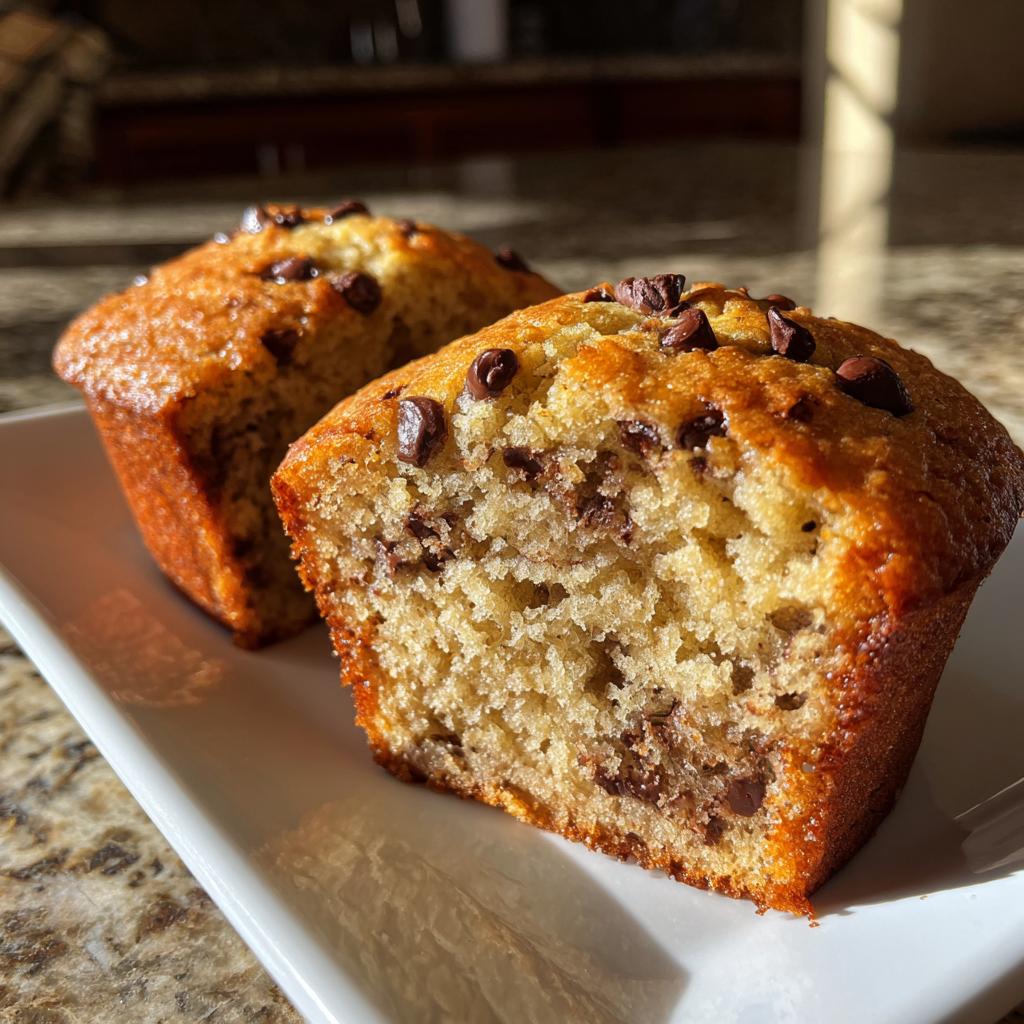 Close-up of two chocolate chip banana muffins on a white plate with golden crust and soft interior.