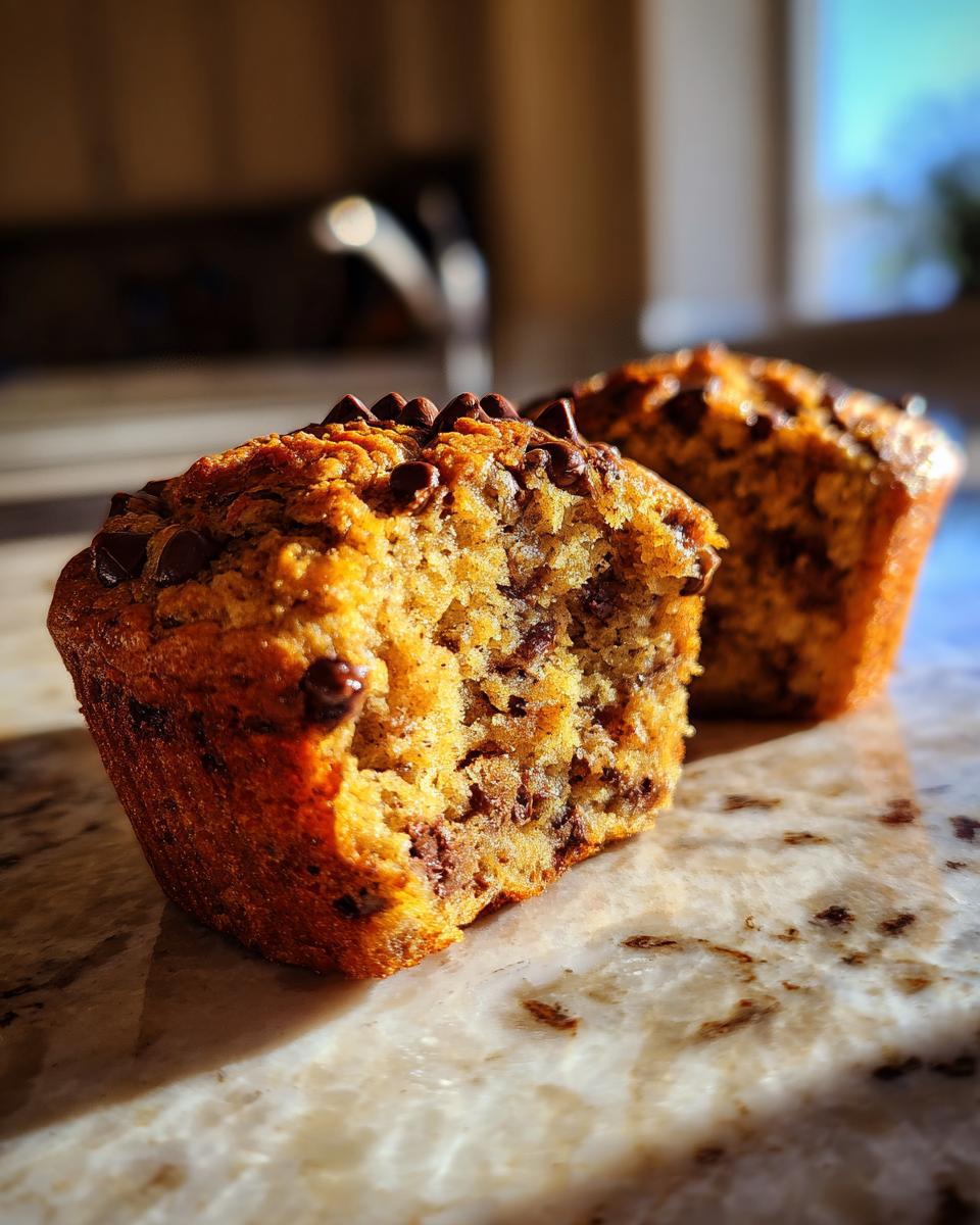 Close-up of two halved chocolate chip banana muffins on a marble surface.