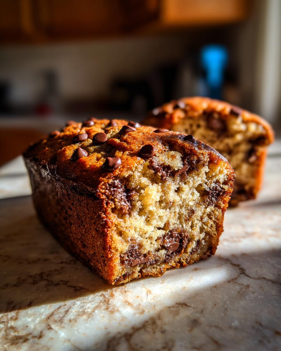 Sliced chocolate chip banana muffin loaf showing moist texture and chocolate chips inside.