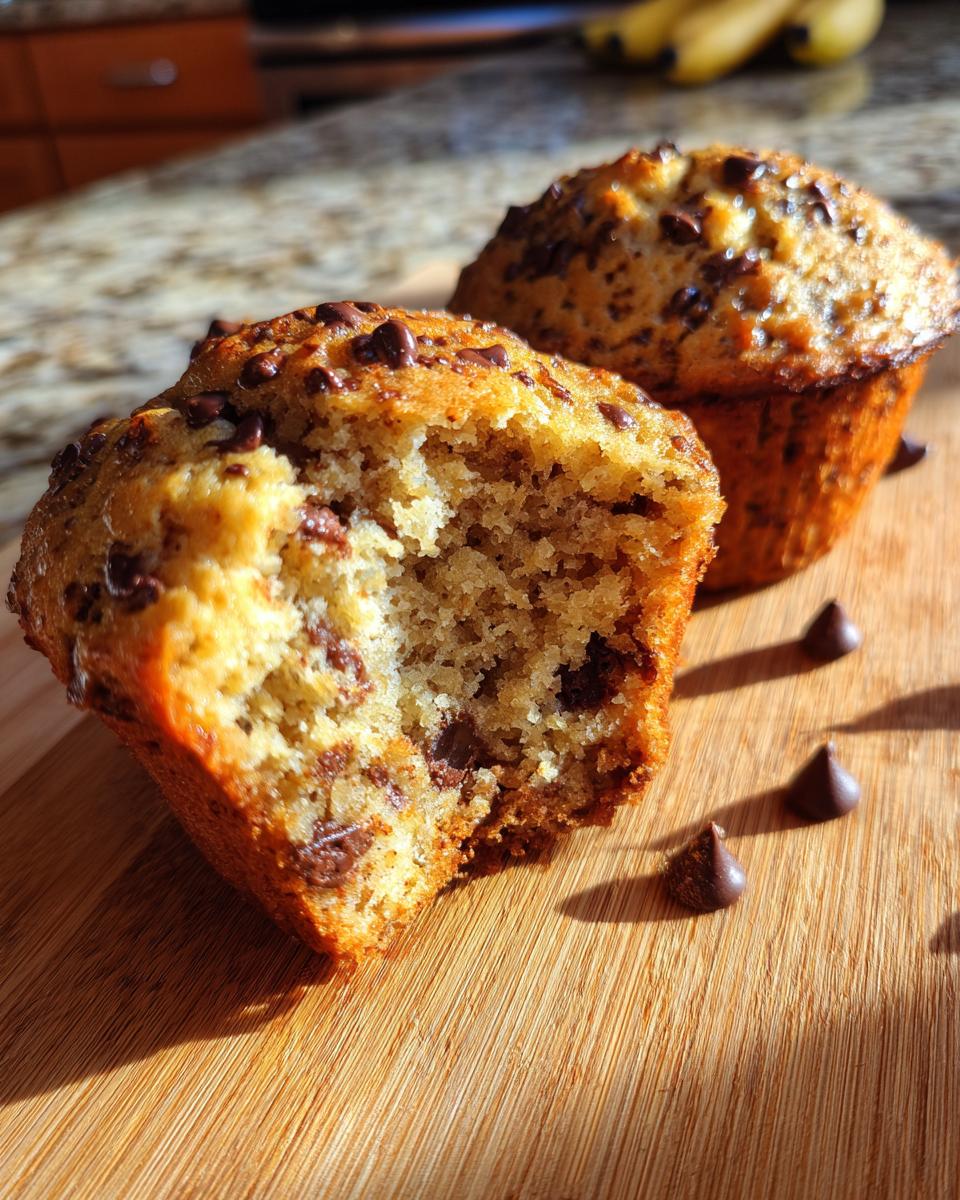 Two chocolate chip banana muffins on a wooden surface, one partially eaten showing the crumb and chocolate chips inside