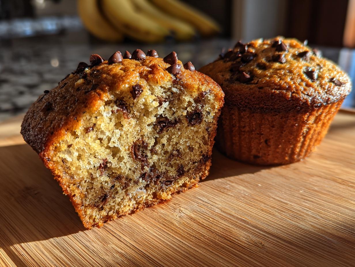 Two chocolate chip banana muffins, one cut in half showing moist interior with chocolate chips