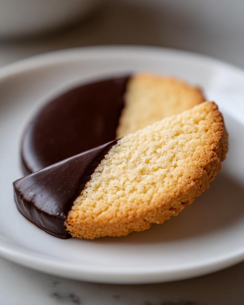 Close-up of a chocolate dipped shortbread cookie on a white plate