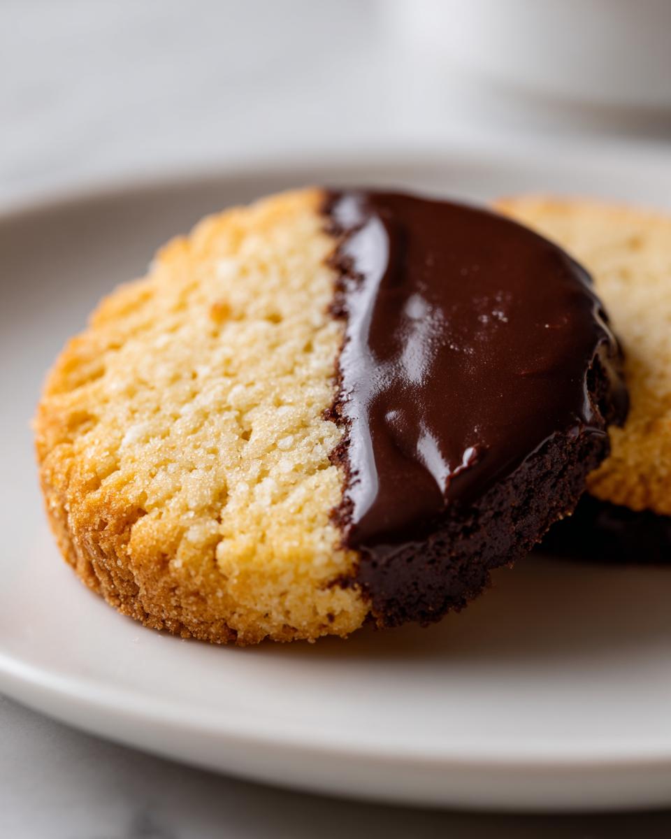 A golden shortbread cookie half dipped in glossy dark chocolate on a white plate.