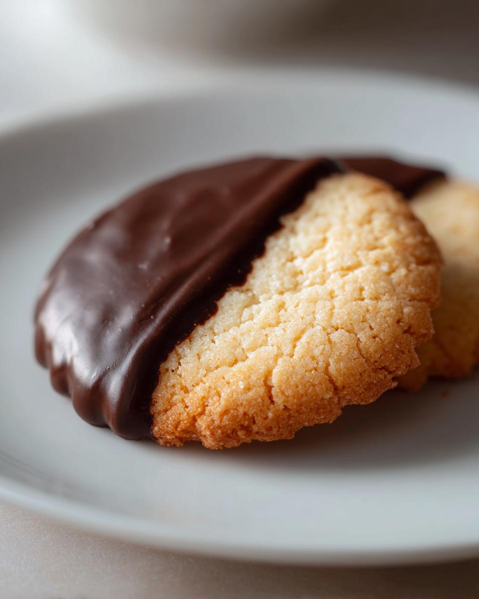 A crispy shortbread cookie half dipped in smooth dark chocolate on a white plate