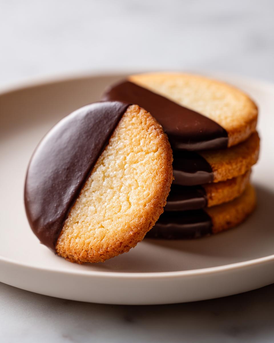 Stack of round shortbread cookies half dipped in smooth chocolate on a beige plate.