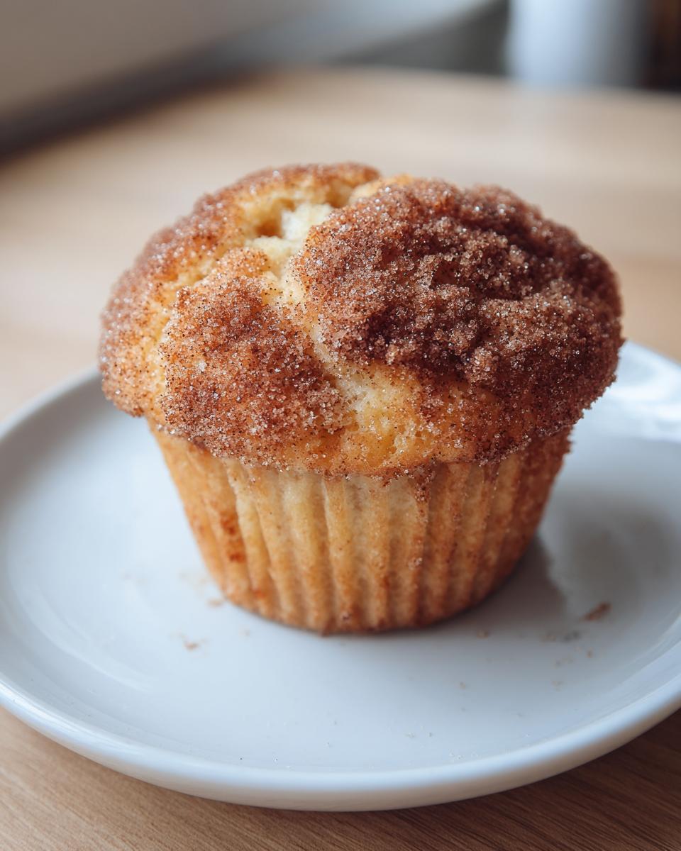 A cinnamon sugar baked donut muffin on a white plate with a wooden background.