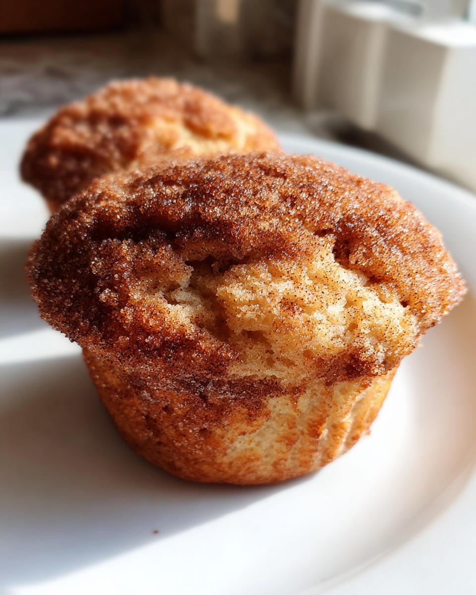 Two cinnamon sugar baked donut muffins on a white plate with a soft texture and sugary coating.
