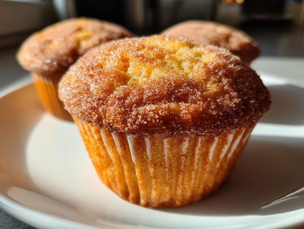 Close-up of cinnamon sugar baked donut muffins on a white plate.