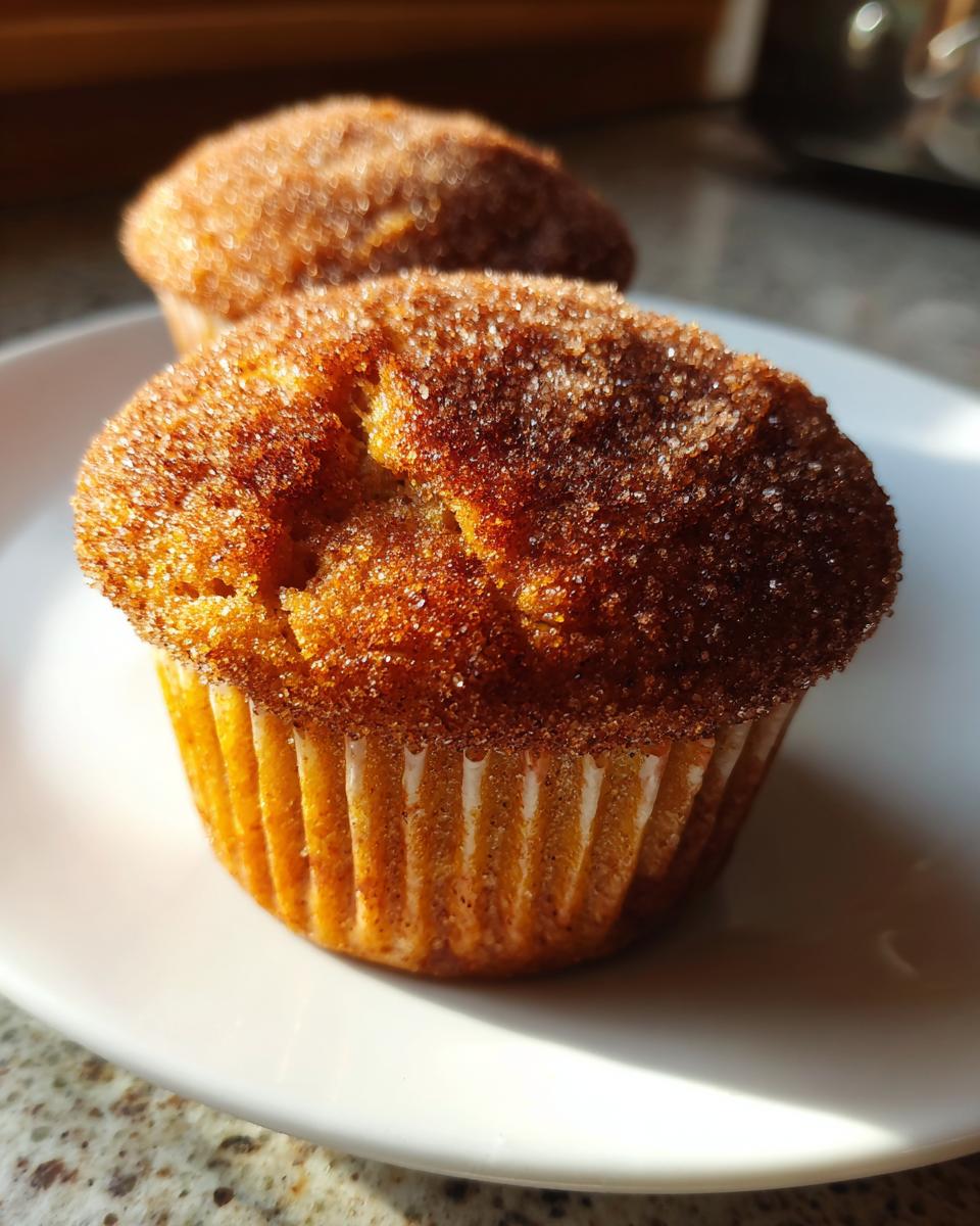Two cinnamon sugar baked donut muffins on a white plate, showcasing their textured sugary topping.