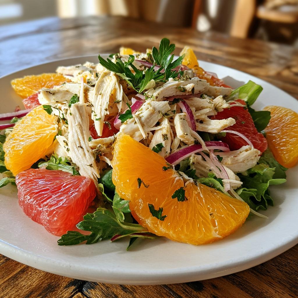 Plate of citrus herb chicken salad with shredded chicken, orange and grapefruit slices, red onion, and greens.