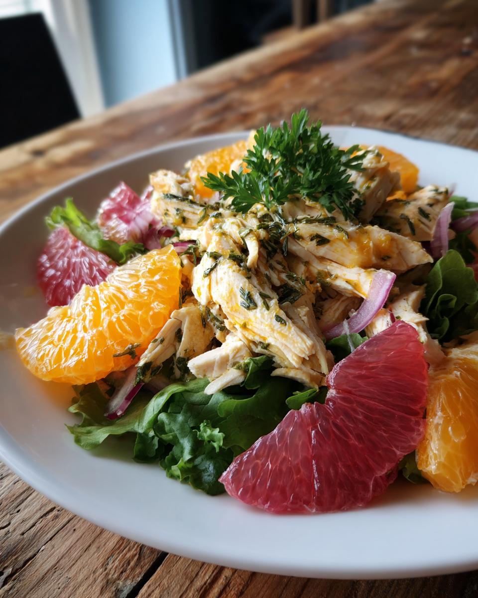 Citrus herb chicken salad with mixed greens, orange and grapefruit segments, and herbs on a white plate.