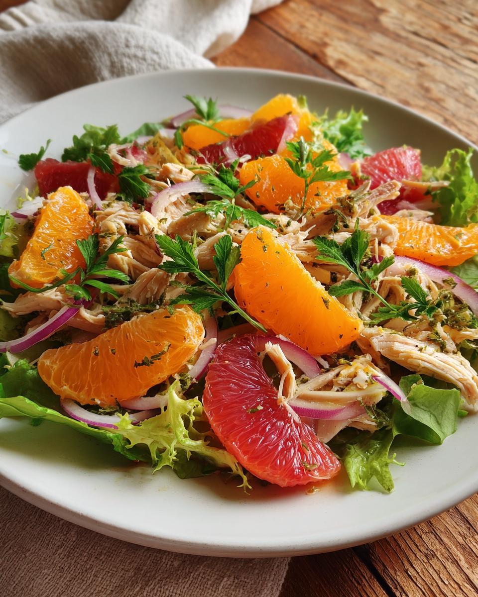 Close-up of citrus herb chicken salad with orange, grapefruit, red onion, and fresh herbs.