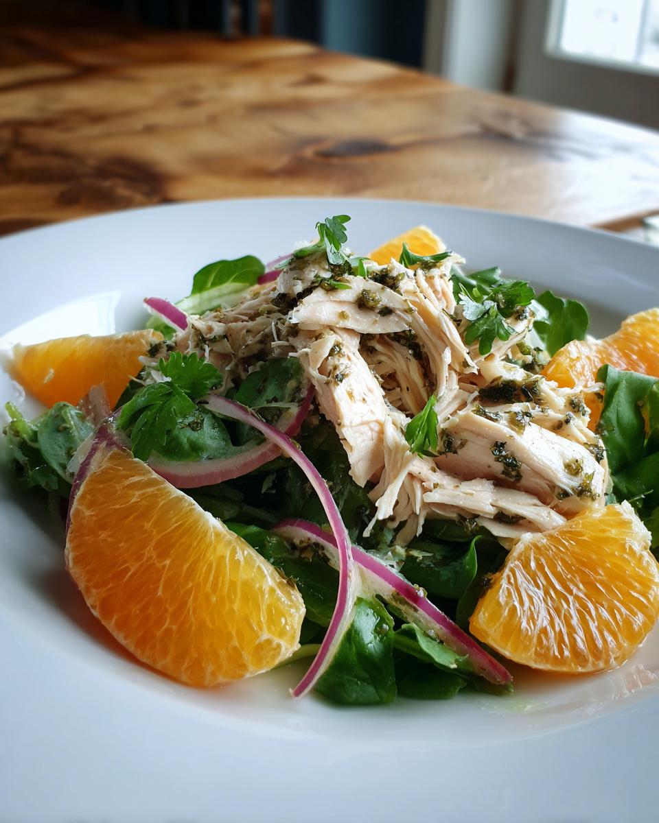 Citrus herb chicken salad with shredded chicken, orange slices, mixed greens, and red onion