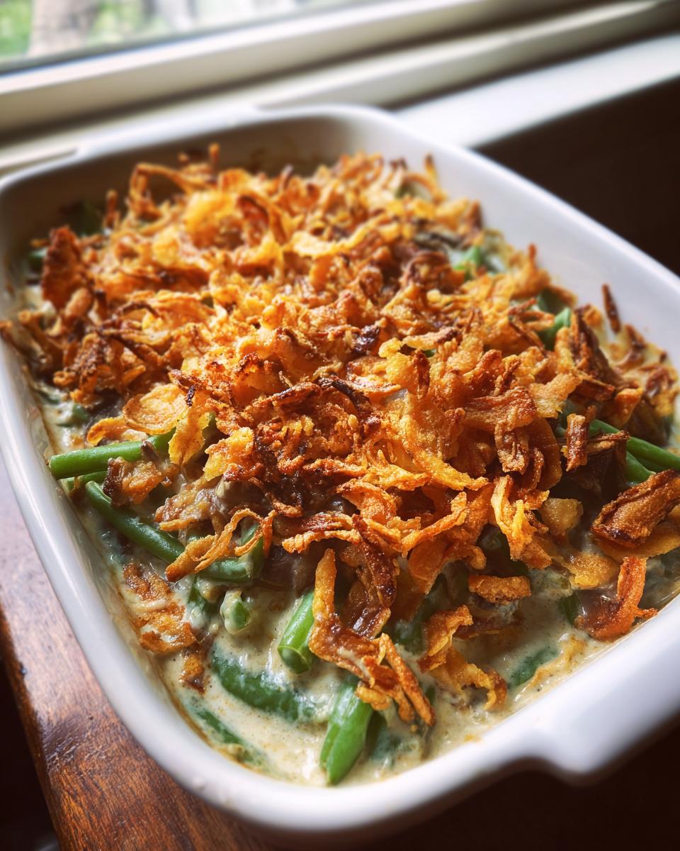 Baked classic green bean casserole from scratch topped with crispy fried onions in a white casserole dish.