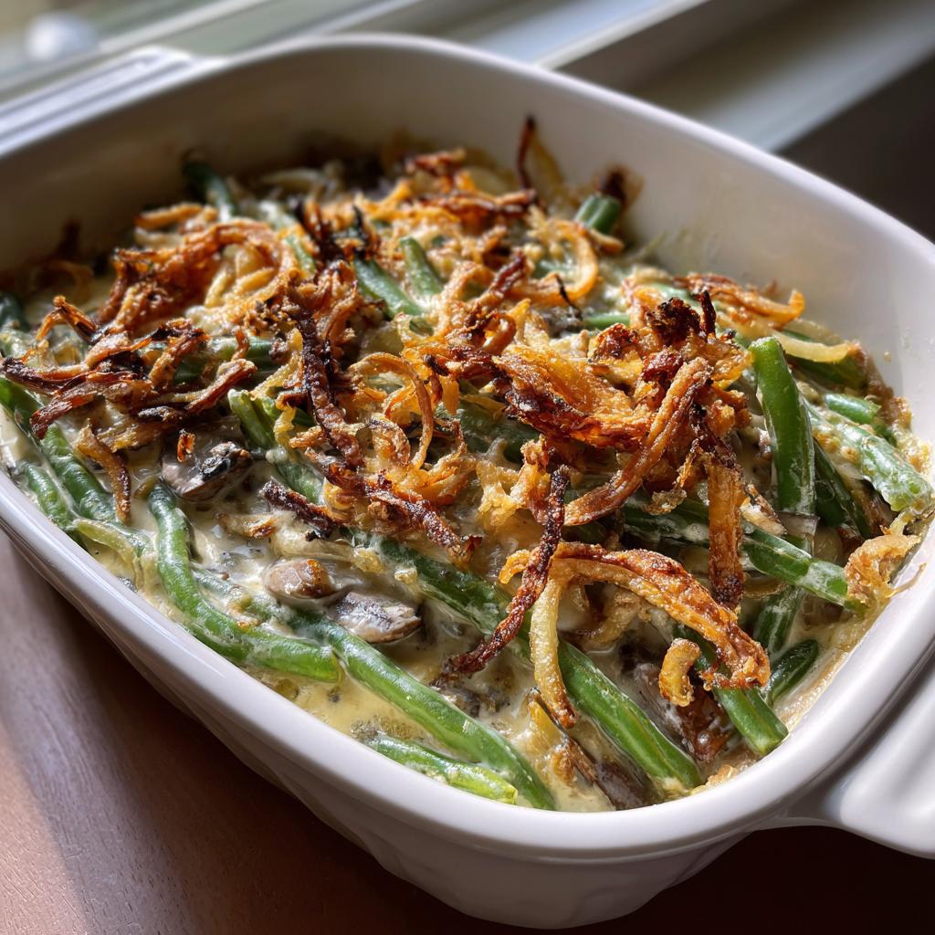 Freshly baked classic green bean casserole from scratch topped with crispy fried onions.