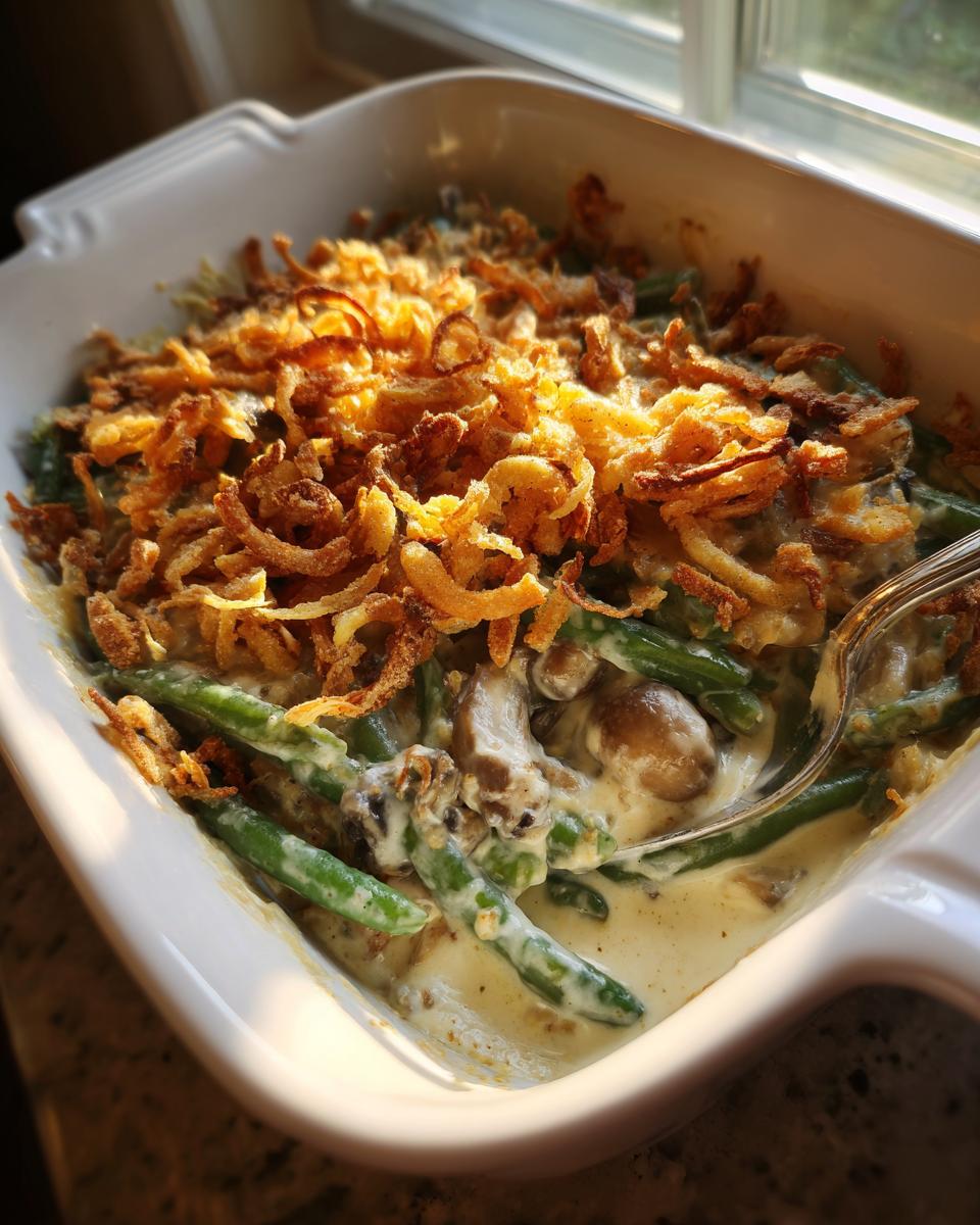 Creamy classic green bean casserole from scratch topped with crispy fried onions in white baking dish.