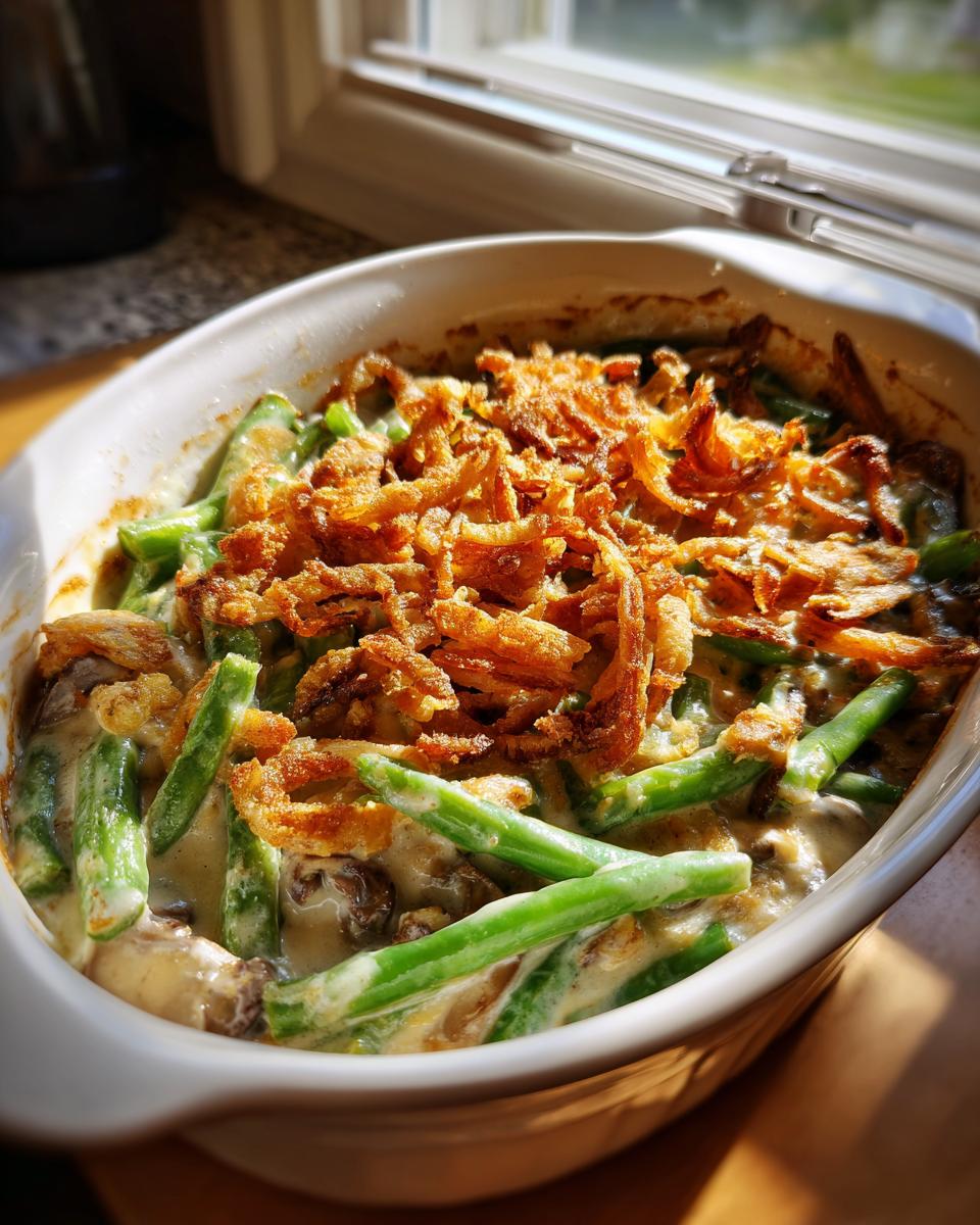 Close-up of classic green bean casserole from scratch with crispy fried onions on top in white baking dish.