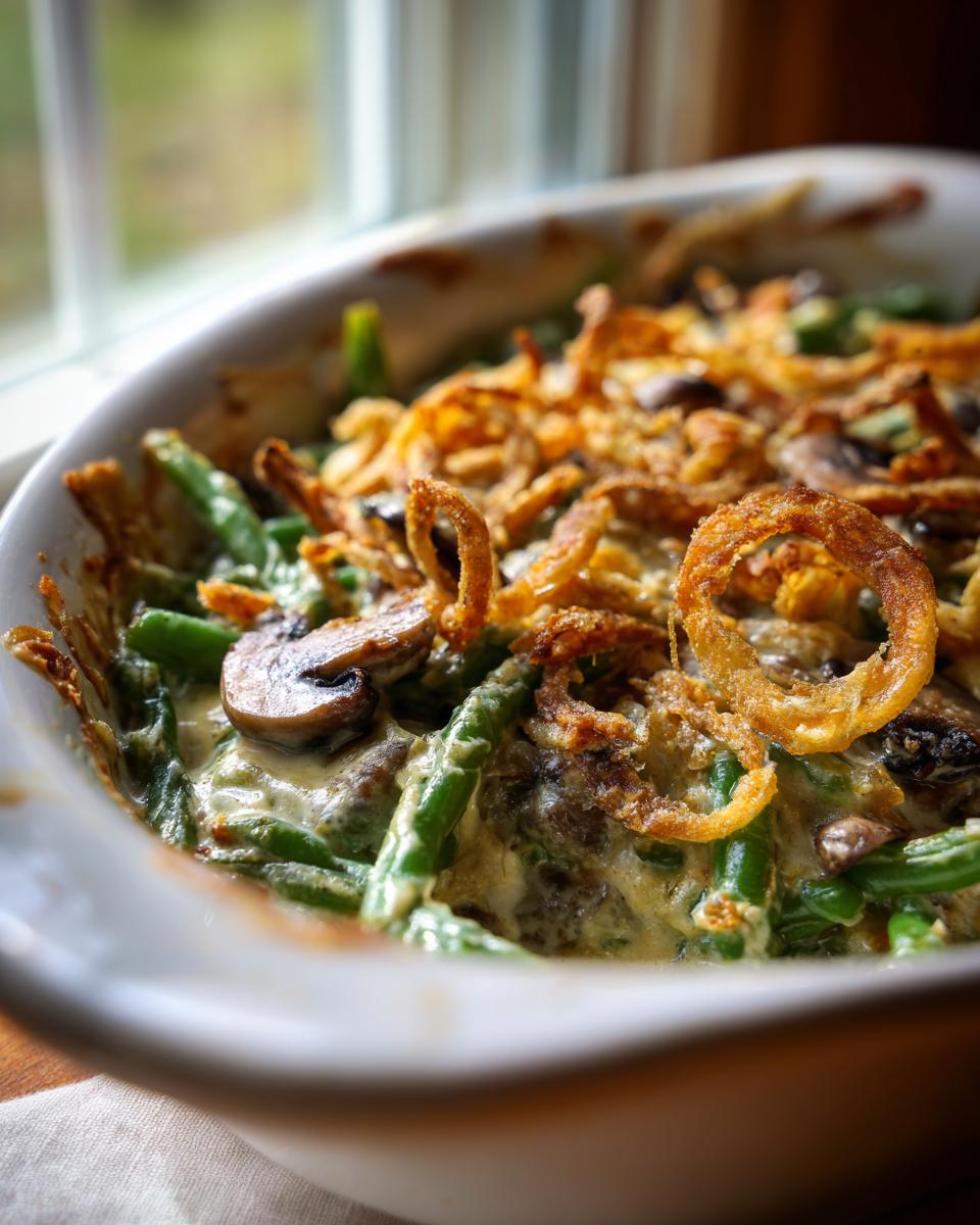Baked classic green bean casserole from scratch with crispy fried onions and mushrooms in a white dish.