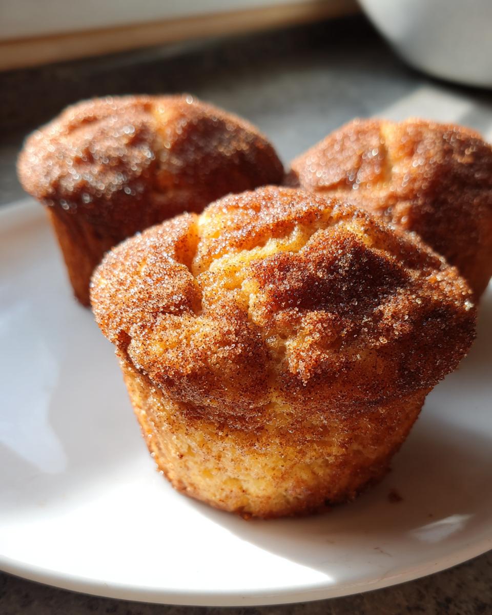 Three golden cinnamon sugar baked donut muffins on a white plate in natural light.