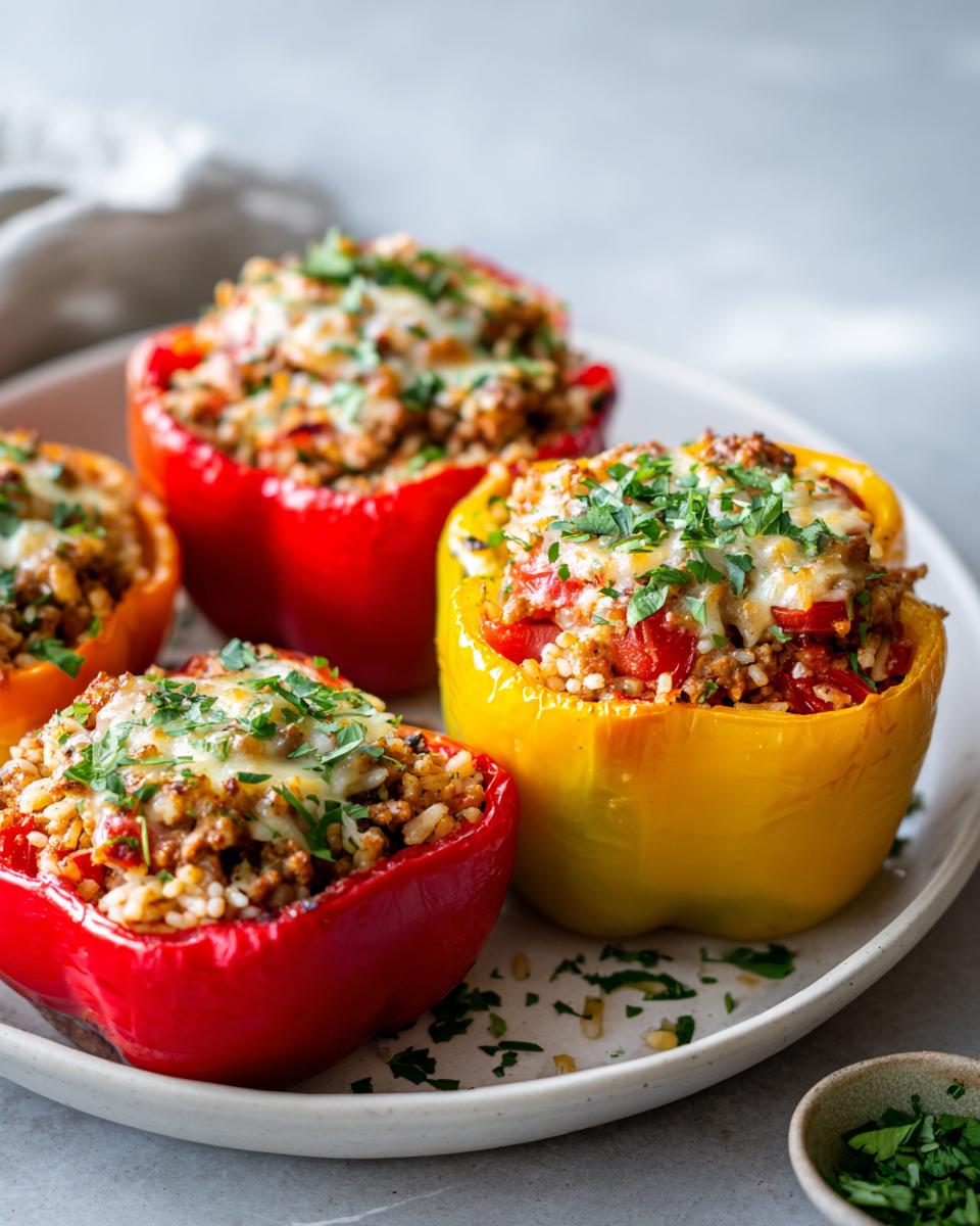 Red and yellow turkey stuffed peppers topped with melted cheese and chopped parsley on a white plate.