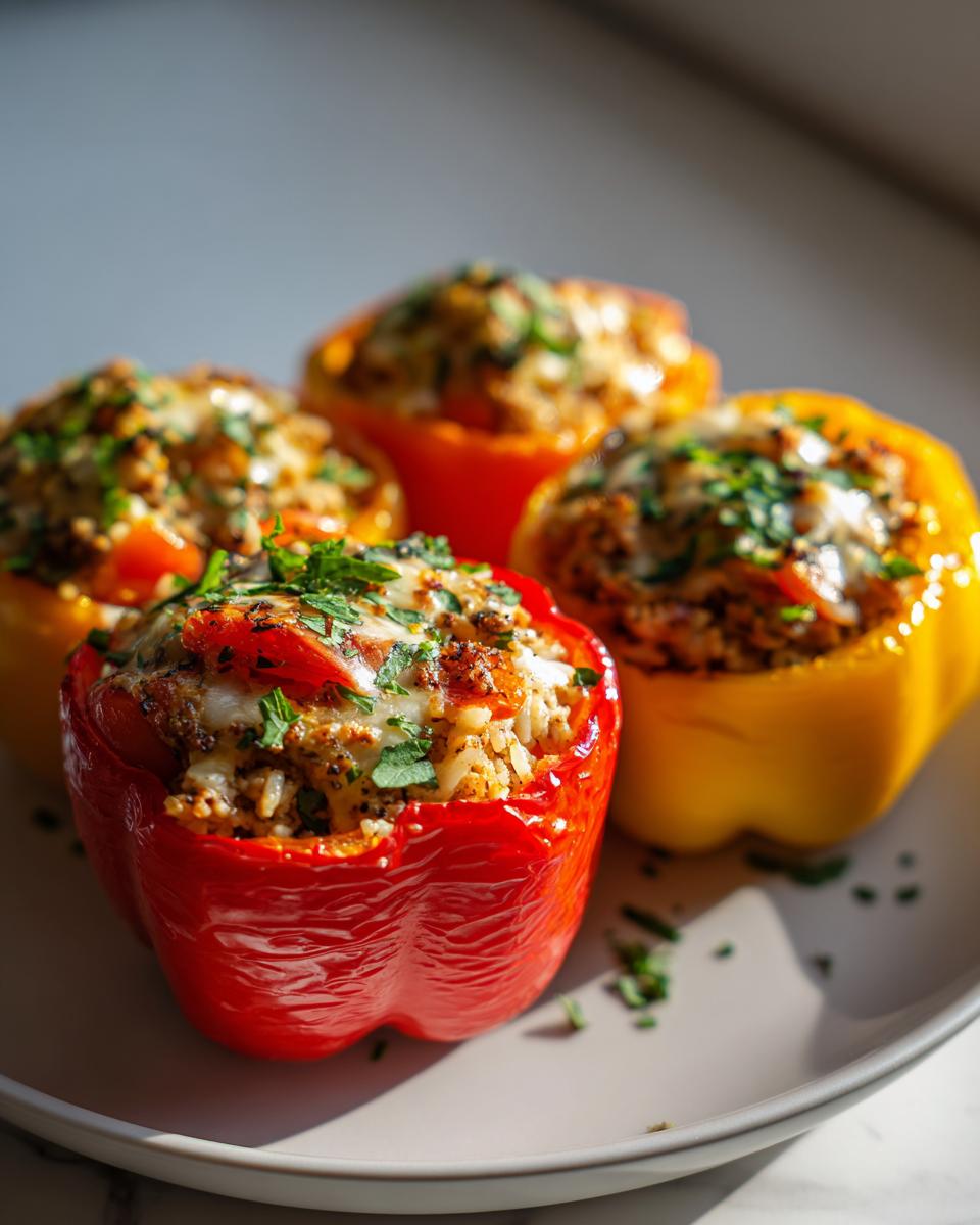 Close-up of turkey stuffed peppers with rice, herbs, and melted cheese on a white plate.