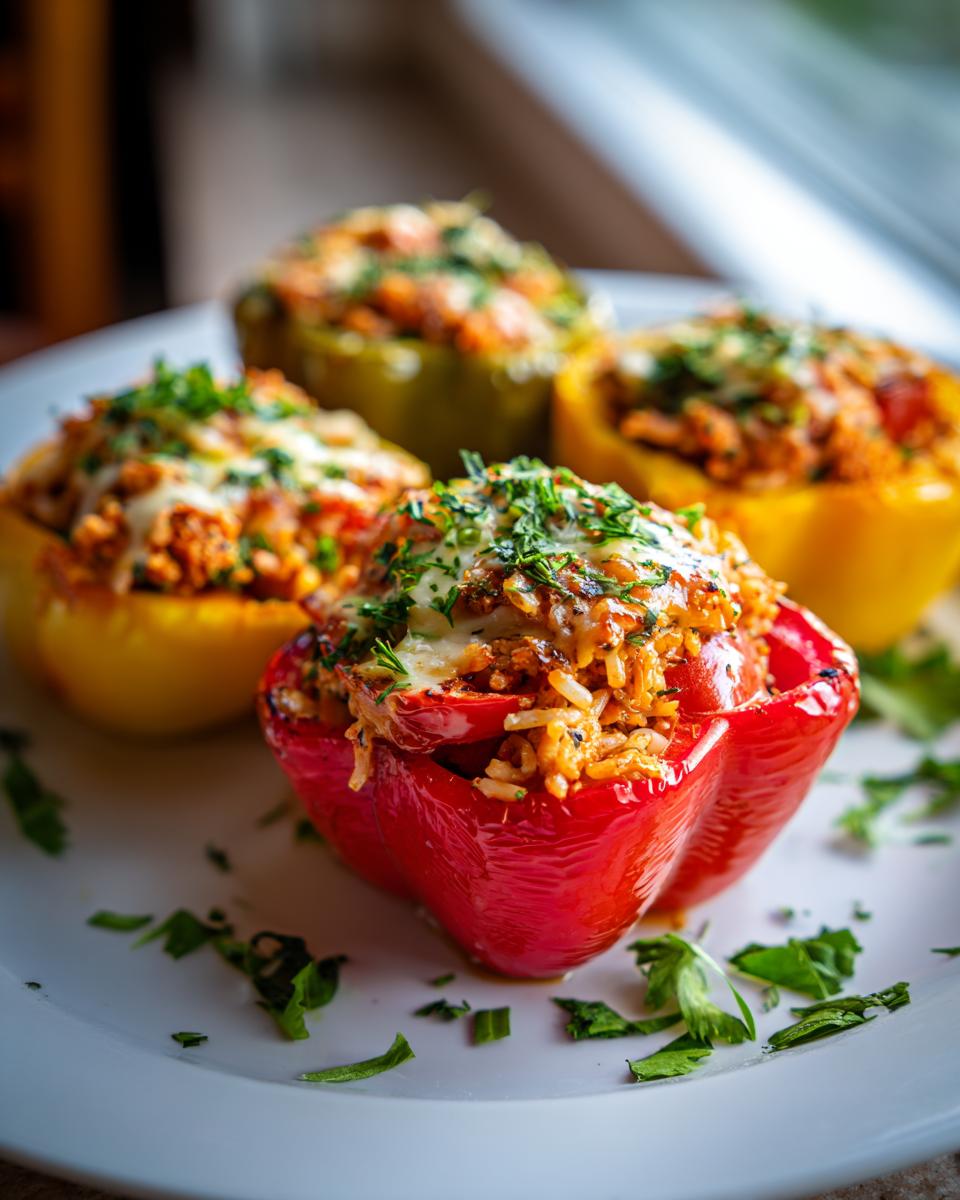 Close-up of turkey stuffed peppers filled with rice, herbs, and melted cheese on a white plate.