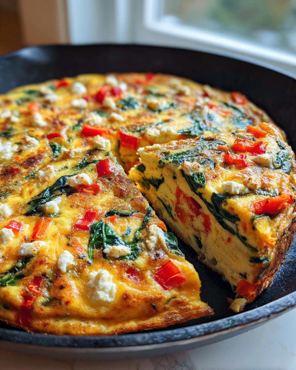 Slice of vegetable frittata with red peppers, spinach, and cheese in skillet.