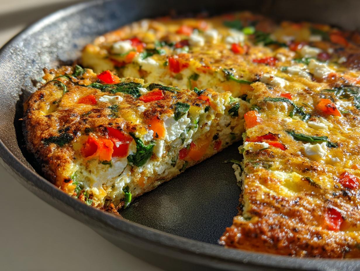 Close-up of a vegetable frittata in a skillet with red peppers, spinach, and cheese, slice cut out.