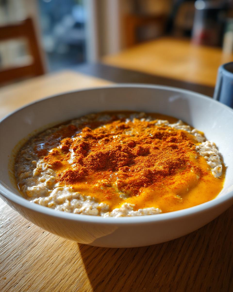 Bowl of pumpkin spice oatmeal with cinnamon and pumpkin puree on top.
