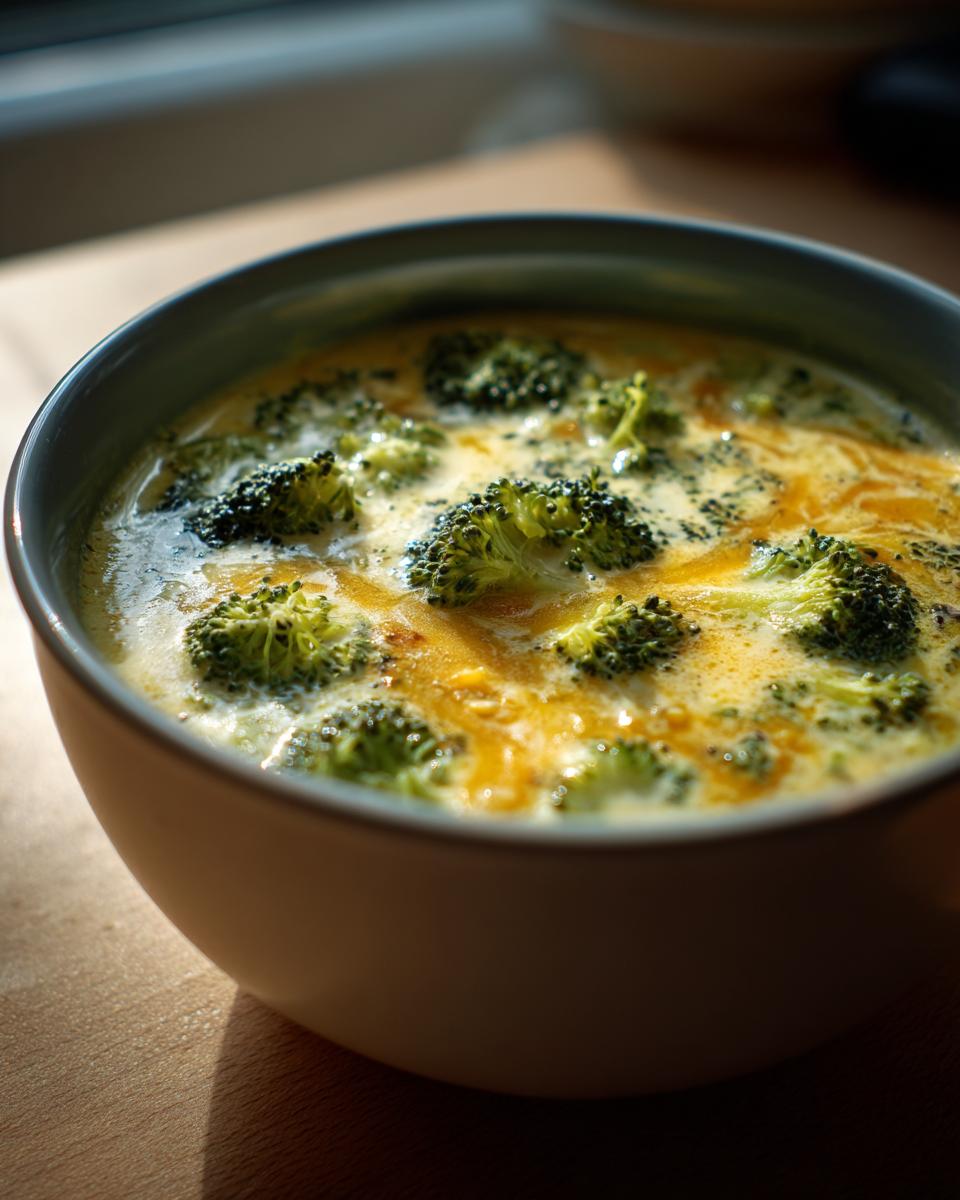 Bowl of creamy broccoli cheddar soup with broccoli florets and melted cheddar cheese.