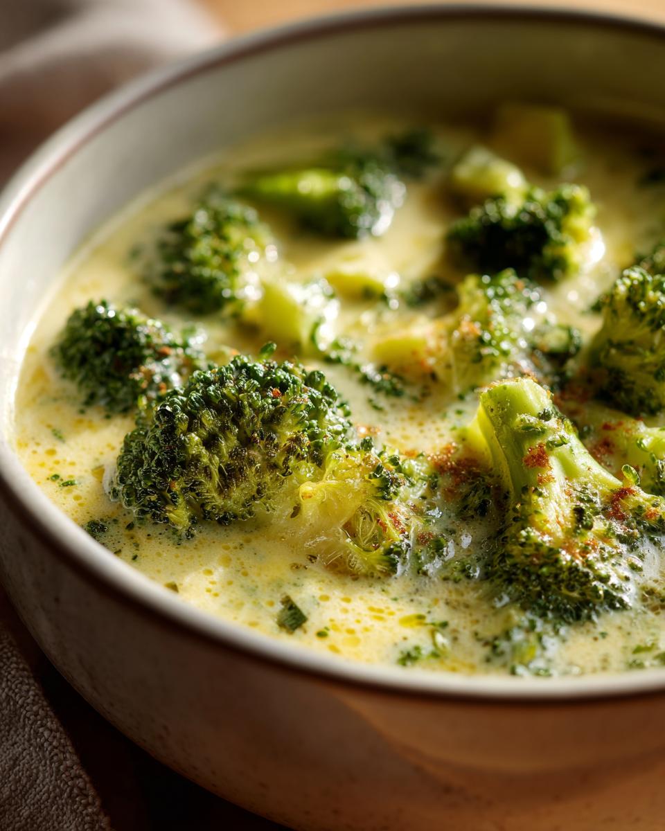 Creamy broccoli cheddar soup recipe in a bowl with visible broccoli florets and melted cheese.