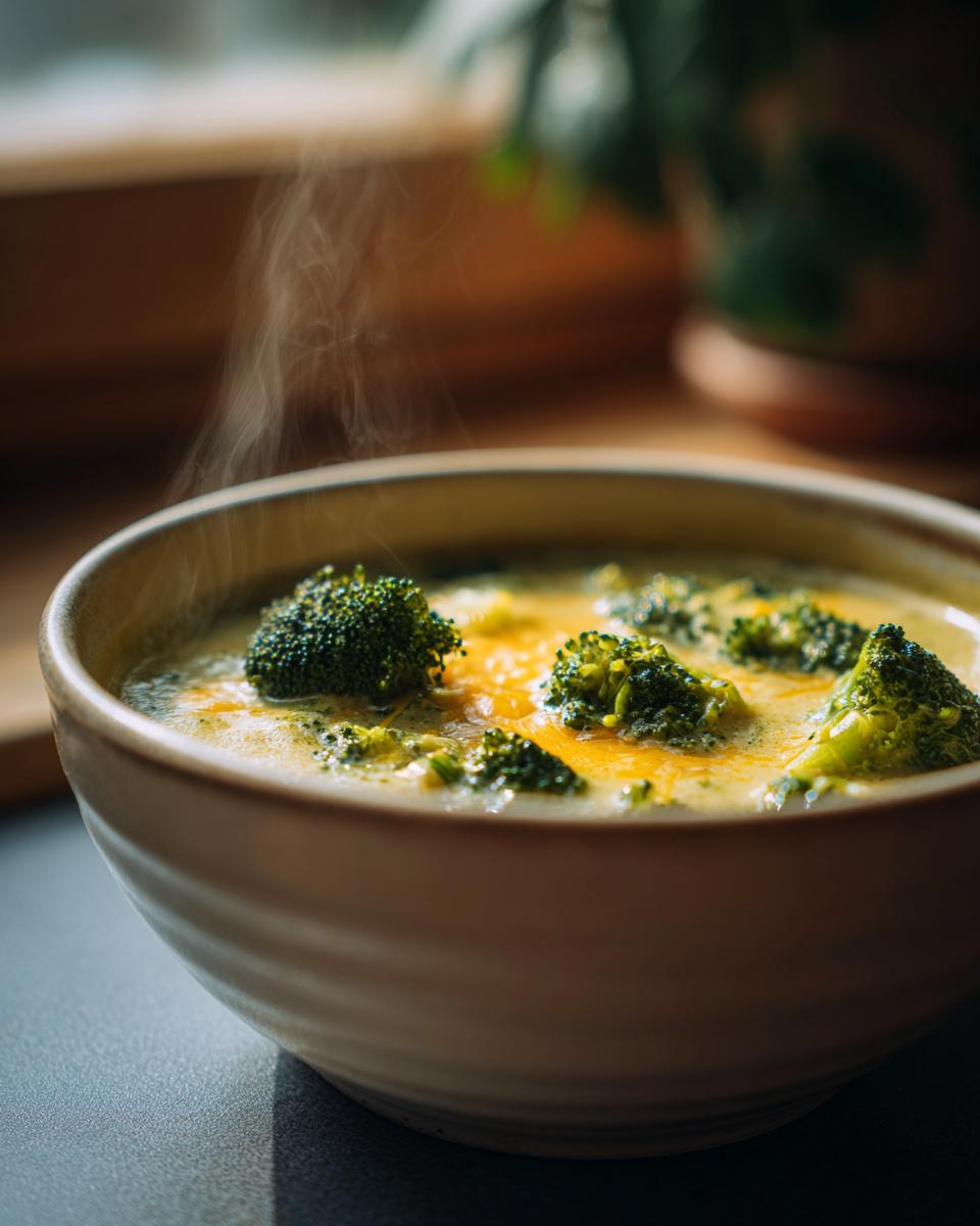 Steaming bowl of creamy broccoli cheddar soup with fresh broccoli florets