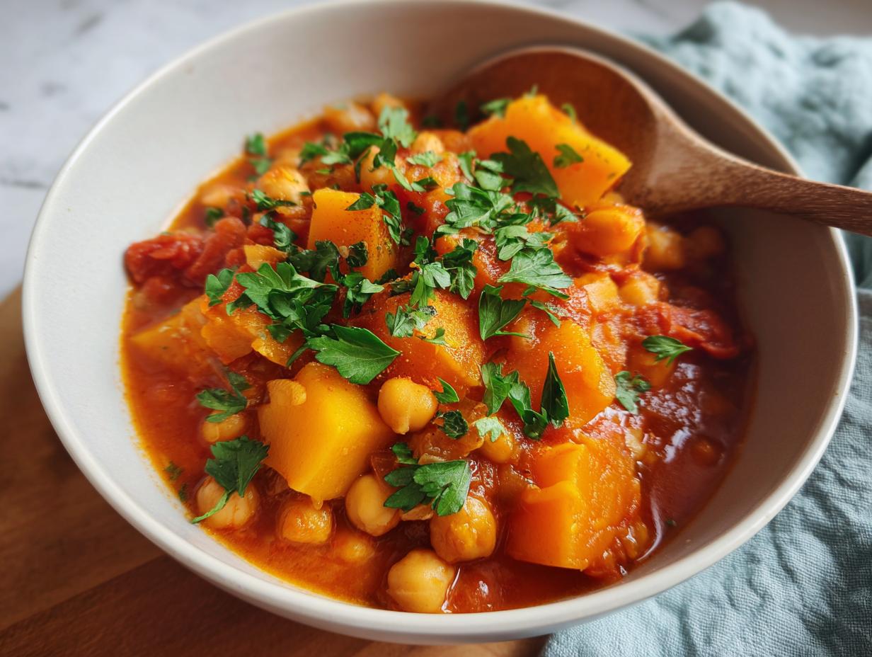 White bowl filled with butternut chickpea stew garnished with fresh parsley and a wooden spoon