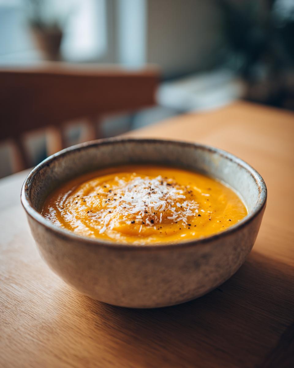A bowl of creamy carrot ginger and sweet potato soup garnished with shredded coconut and pepper.