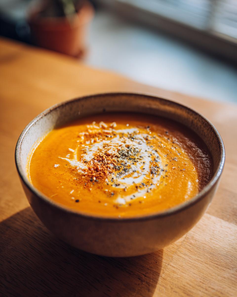 Bowl of creamy carrot ginger and sweet potato soup with cream swirl and spices on wooden table