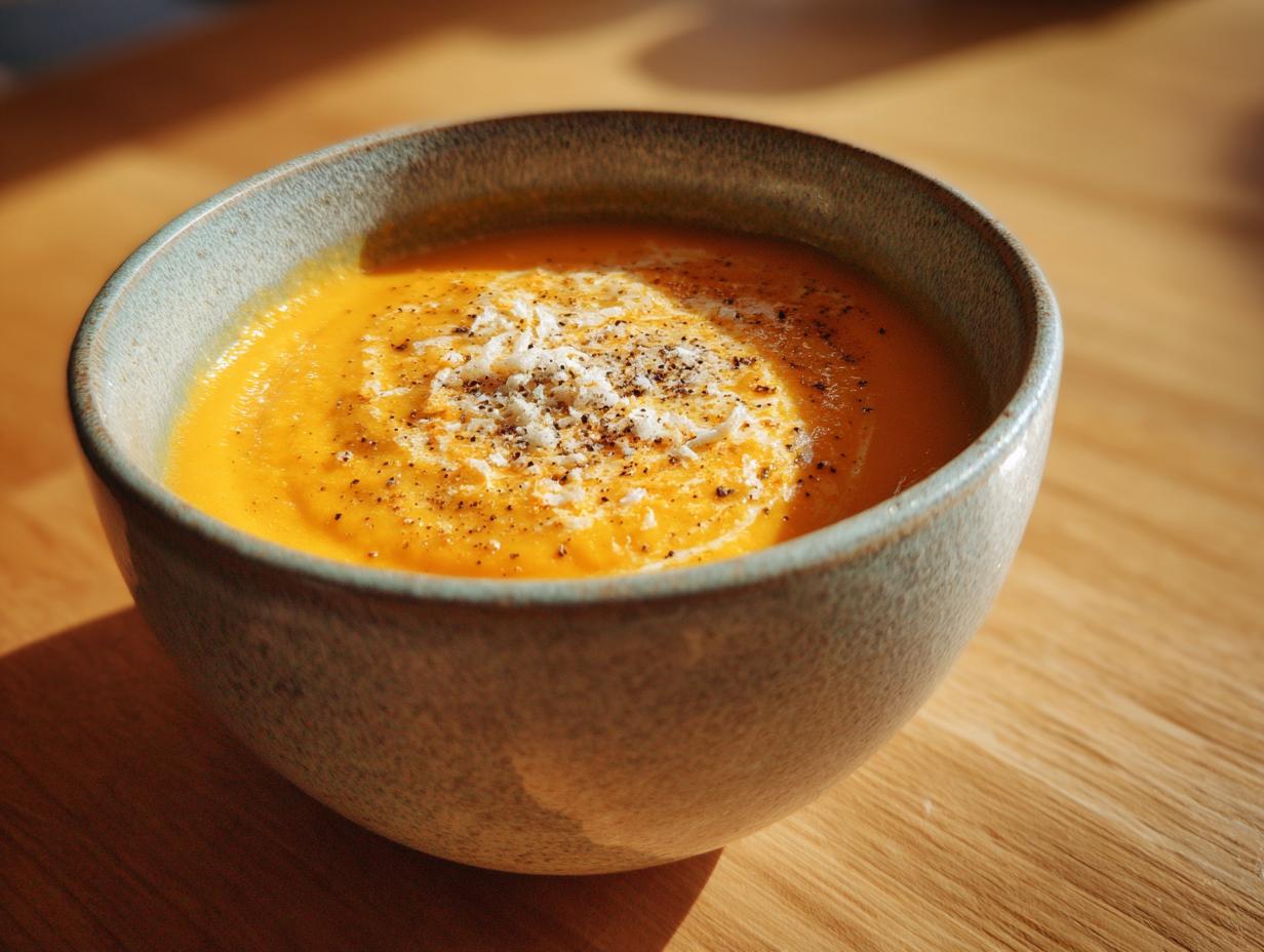 Bowl of creamy carrot ginger and sweet potato soup with black pepper and garnish on wooden table