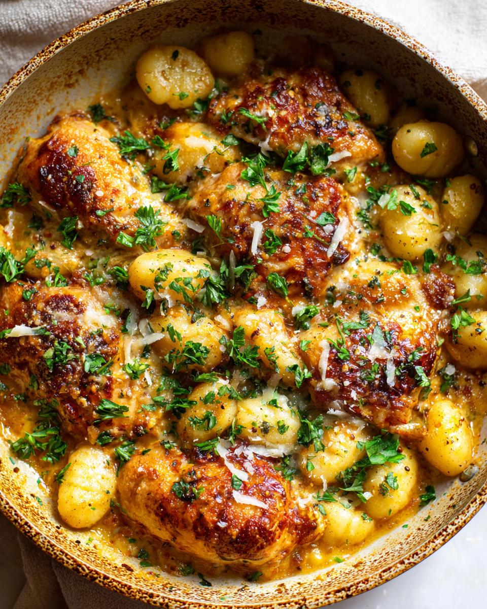 Skillet with creamy chicken gnocchi skillet dinner garnished with fresh parsley and grated cheese.
